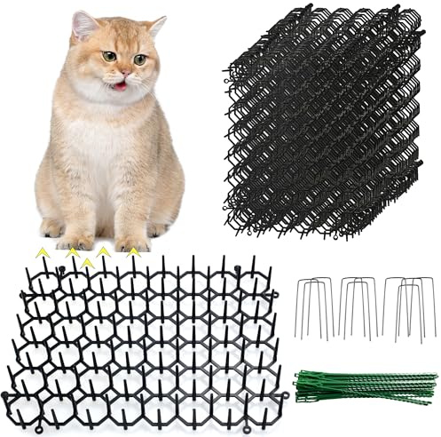 KOKMEYA Tapete repelente para gatos de 8 x 6 pulgadas con pinchos, paquete de 24, mantiene a los gatos fuera de plantas en maceta con clavijas en forma de U y 30 bridas de cremallera, barrera de valla