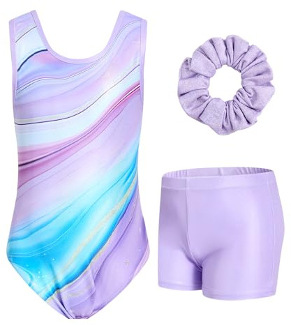 JiAmy Justaucorps Gymnastique fille, Combinaison de Gymnastique à Uniformes de gymnastique sans manches avec dos découpé Dos échancré avec Short et Serre-tête pour Enfants de 3-12 Ans | Justaucorps doux extensible à paillettes + short + chouchou ; découpe croisée dans le dos ; gymnastique, danse
