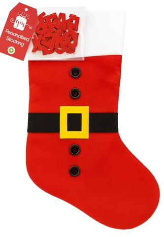 Personalised Christmas Stocking Santa Sack with Self Adhesive Letters – Create Any Name – 49cm Felt Santa Design with Belt & Buttons – Kids Xmas Gift Stocking for Boys Girls Christmas Eve Decoration