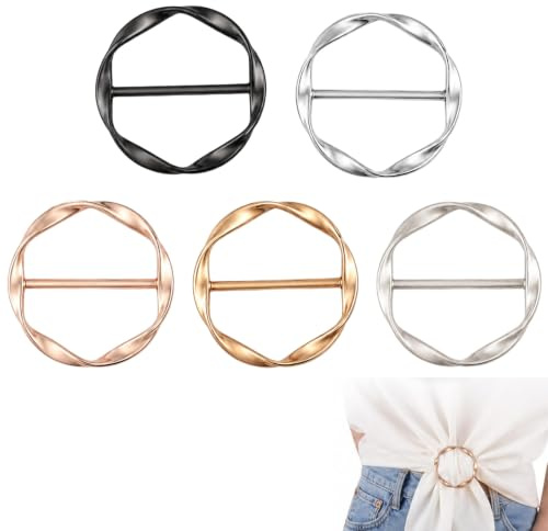 5 PCS Scarf Rings Clips, Shirt Ties Clips for Women Clothing Scarf Buckle Rings for Girls Clothes Corner Knotted Button Metal Circle/Round Clip for Loose T-shirt Clothes (5 Color)