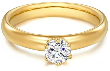 Trilani Damen Verlobungsring 925/- Sterling Silber gelbvergoldet mit Zirkonia in Brilliantschliff Solitärring Antragsring Gelbgold