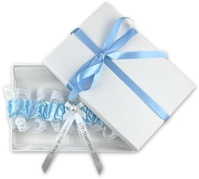 My Pretty Little Gifts Personalised Blue Garter with Silver Text - Something Blue - Perfect Bridal Garter for Bride to Be Wedding Hen Party - Gift Boxed
