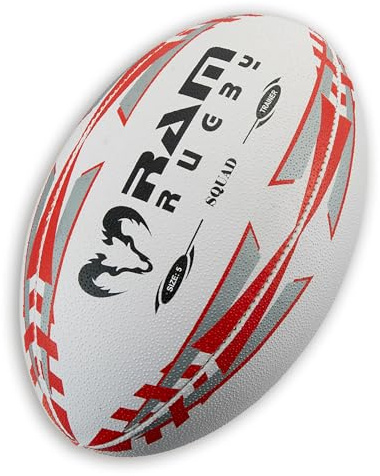 Ram Rugby Pelota de rugby Squad Trainer (tamaño 5) Pelota de rugby de calidad de club, cosida a mano, 3 capas, agarre 3D para un máximo control de paso y captura, apto para adultos, niños y niños