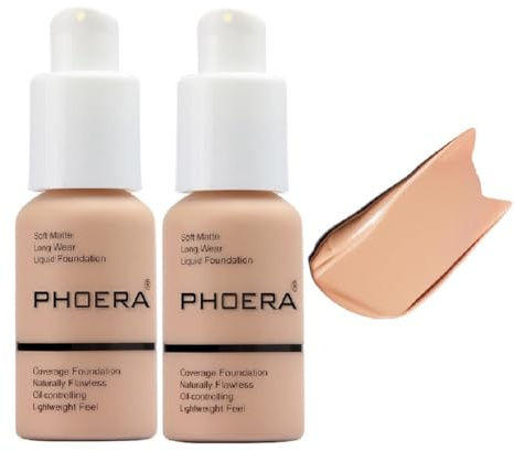 2 Pack PHOERA Foundation,Full Coverage Foundation, Concealer Foundation Full Coverage Flawless New 30ml PHOERA 24HR Matte Oil Control Concealer。(103 Warm peach）