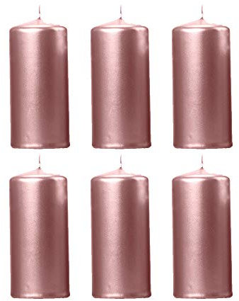 DekoHaus Stumpenkerzen Metallisch Roségold 12 cm x 6 cm – 6 Stück Kerzen, Brenndauer ca. 20 Std, Metallic Kerzen für Hochzeit, Geburtstag, Weihnachten, Dinner, Party