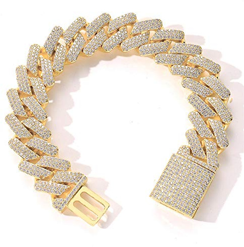 ICEDIAMOND 20MM Iced Out Luxury Shiny Lab Diamant Kubanisches Kettenarmband, 14K vergoldet Hip Hop Schmuck für Männer Frauen (8'', Gold)