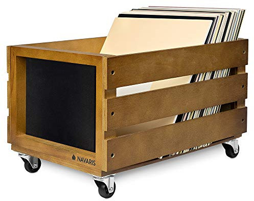 Navaris Holz Schallplatten Kiste mit Kreidetafel - mit Rädern - 42,9 x 34,4 x 28 cm - für bis zu 80 LPs - Vinyl Aufbewahrung Holzkiste - Braun