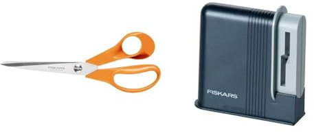 Fiskars Ciseaux Universels pour l'Artisanat, la Couture et le Bureau, Longueur : 21 cm, Orange & Aiguiseur à ciseaux, Pierre à aiguiser en céramique/Support plastique, Noir/Gris