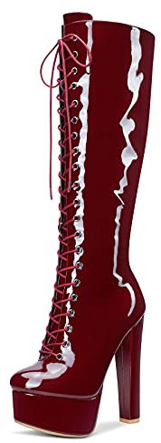 Castamere Zapatos Mujer Plataforma Altura de Pantorrilla Botas Cremallera Tacón Ancho 15CM High Heels Rojo Borgoña Charol Zapatos EU 35