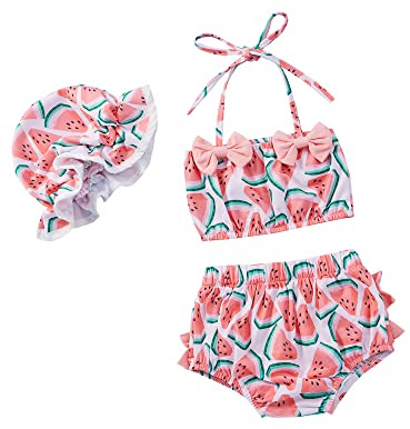 Geagodelia Costume da Bagno per Neonata con Volant Fenicottero Stampato Bretella Fiocco con Capestro Costumi Mare Bimba con Cappello Set di Vestiti Estivi (Rosa, 6-12 Mesi)