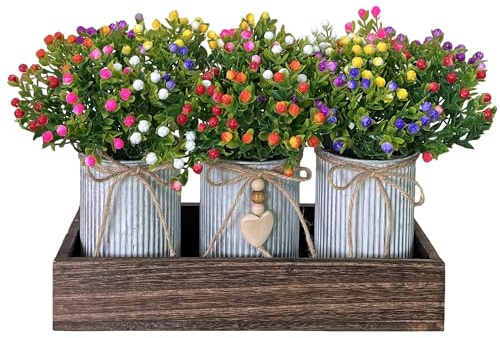 HEMYLU Table Centerpiece Decoration Artificial Flower Set with 3 Fake Milan Bouquet and Wood Tray for Desk Home Bathroom Office Décor