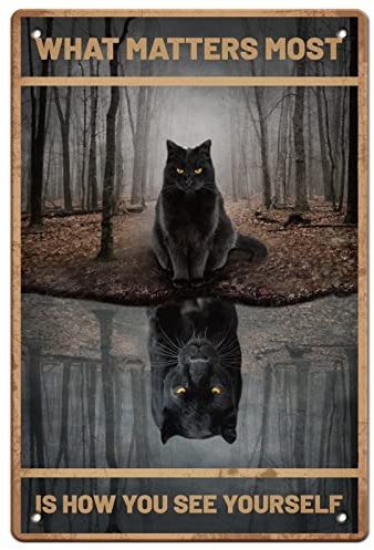 SUPERDANT lo Que Más Importa Es Cómo Te Ves A Ti Mismo Cartel de Chapa Gato Negro Carteles de Chapa de Metal Vintage Pintura de Arte de Pared Divertida Decoración de Metal