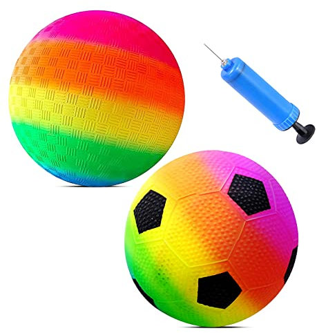 KERANEET 2 Stück PVC Regenbogen Ball Bouncy Kickbal Kinder Wasserball Strandball Kinder Spielball Wasserball Bouncy Ball Leuchtende Farben für Backyard Park und Beach Outdoor Fun