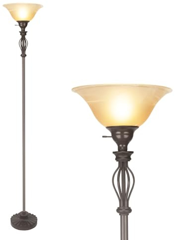 Torchiere golvlampor för vardagsrum och sovrum, golvlampa med hörngolvlampsdesign Järnvolym 70 tum höjd alabasterglas lampskärm (brun)