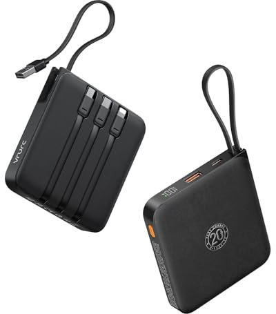 VRURC Power Bank 20000mAh, Power Bank con Cables Integrados, Batería de Carga Rápida USB C de 22,5 W, Pantalla LED para iPhone 15 14 iPad Samsung Galaxy S23 Google Android Phone - Negro