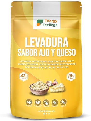 Energy Feelings Levadura Nutricional Sabor Ajo 250g, Levadura Nutritiva en Copos Rica en Vitamina B y Proteínas 43%, Nutritional Yeast Sin Gluten, Sin Azucar, Ideal para Queso Vegano
