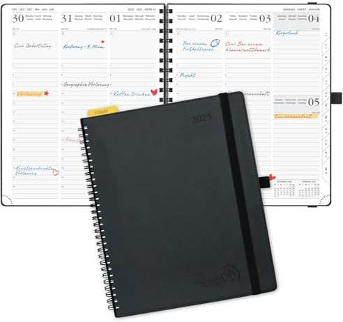 POPRUN Kalender 2025 Wochenplaner Ringbuch mit Softcover, ca. A4 (26,5 x 21,5 cm), 12-Monate-Terminplaner (Jan.2025-Dez.2025) 1 Woche 2 Seite mit 100 GSM Zertifiziertem Papier - Schwarz