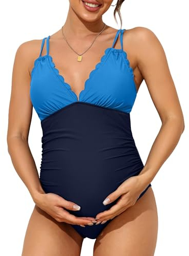 Charmo Womens Maternity Swimsuits One Piece Pregnancy Swimwear Blue-d L
