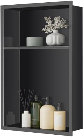 FTL Nicho de pared de ducha de acero inoxidable 450 x 300 x 100 mm, negro nicho para ducha empotrada, nicho de baño empotrado ducha, estante nicho de baño para champú, tocador