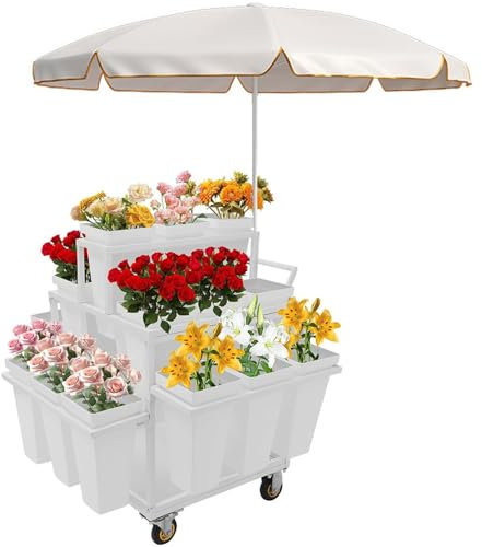 Espositore per Fiori in Metallo per Esterni con 18 secchi e ombrelloni, espositore per carretto portafiori con Ruote, carretto portafiori per fiorista, Patio, Giardino, Verde