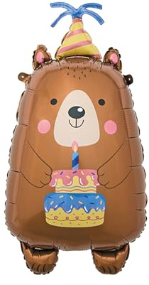 Ovanda Bär Luftballons Geburtstag, XXL Ballon Folienballon, Süßer Folienballon Baby Bär, Bären Geburtstagsdeko Junge Mädchen, für Bär Themenparty, Mit Geburtstagsmütze und Geburtstagstortenmuster
