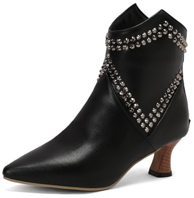 Genérico Mujer Tacón De Gatito Botines Chelsea Punta Puntiaguda Botines Cortos con Remaches Cuero PU Bota Casual con Cremallera,Negro,41.5 EU