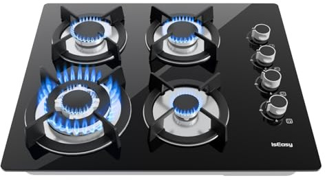 Gas Hob 4 Burners - Glass Hob Black Plug in NG/LPG Gas Hob, 7800W 4 Cooking Areas Built in Glass Cooktop Hob,Thermocouple Protection, Integrated Ignition