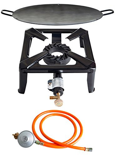 PaellaWorld 3030+5601+6601 Hockerkocher mit 8,5 kW Leistung, Abmessung 30 x 30 x 15 cm und Grillschale Durchmesser 50 cm inklusive Gasschlauch und Regler