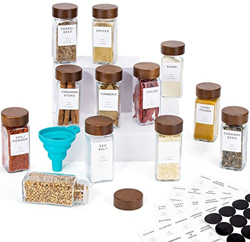 Yangbaga 14PCS Glass Spice Jars set-Glass Jars With Wooden Lid with Shaker Lids- Spices & Seasoning -Kitchen Storage & Organisation of Condiment bottle With Lid And Labels Stickers...