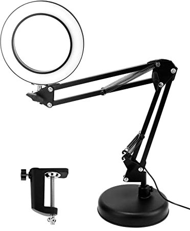 QWORK® 10X lampada d'ingrandimento con morsetto e base, 3 modalità di colore e 10 livelli di luminosità regolabili, braccio girevole regolabile, nero