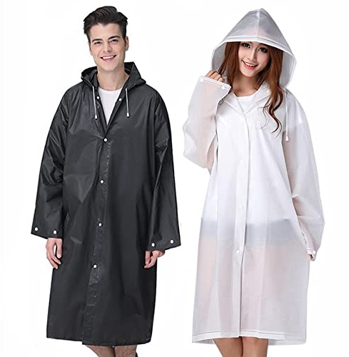 Cosowe Rain Poncho Raincoats for Adults, 2 Pack Reusable Rain Jacket with Hoods and Sleeves, Portable Waterproof for Emergency, Outdoors, Camping, Disney, 1 White+1 Black