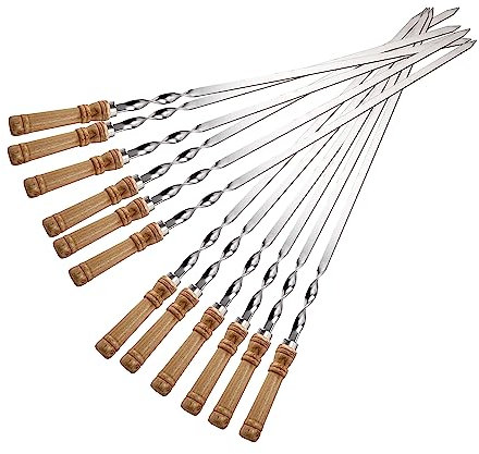 IMEEA 12 Pcs Large Kebab Skewers 21.6in/55cm Flat Barbecue Skewers Stainless Steel Turkish BBQ Skewer with Wooden Handle for Grilling