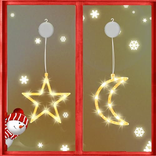 MUSUNIA Weihnachts Lichterkette,2 Stück 10 LED Fenster Lichterkette Batteriebetriebene mit Saugnäpfe,Weihnachts deko Warmweiß Weihnachtsstern Mond Innen für Weihnachts Deko