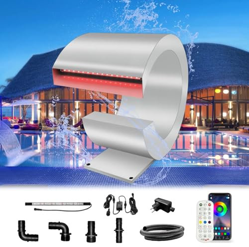 LONGRUN Fontana a forma di J per piscina, in acciaio inox, con luce LED controllata da RF e app, kit per decorazione di stagni da giardino, patio, laghetti, 34,5 cm di altezza