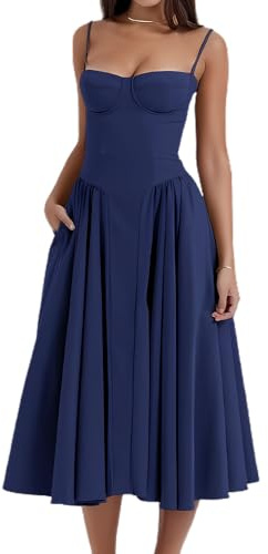 GRFFZX Abito Longuette a Corsetto Senza Maniche, con Spalle Scoperte, Aderente, Fluido, Taglio Basso, Abito a Canotta. Abito Longuette a Linea con Tasche (Blue,M)