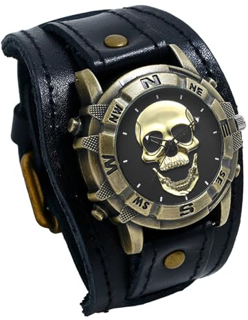 JewelryWe Reloj Calavera Steampunk Hombre: Reloj de Pulsera de Cuarzo Analógico Moteros Redondo Vintage para Caballero Correas de Cuero Ancha - para Fiesta Ocio Negocios Regalos