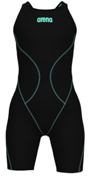 ARENA Girls' Powerskin Impulso Kneeskin Swim Racing Suit Open Back Short Leg Traje de baño de una Sola Pieza, Negro-Azulado, 26 para Niñas
