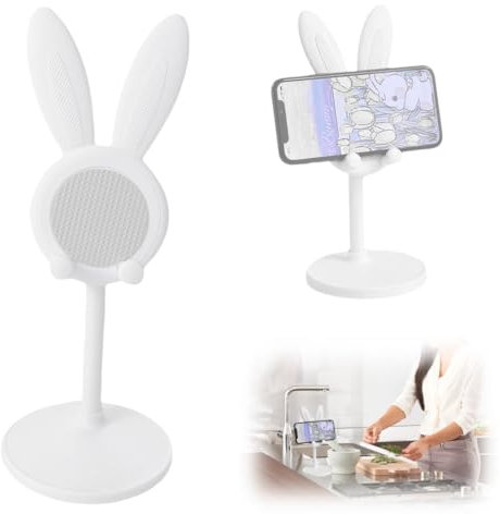 IKOPFLN Support Téléphone Bureau, Support de téléphone réglable en Hauteur avec Support de téléphone de Bureau Lapin Compatible avec Tous Les téléphones, Tablette, Blanc, 1 pièce