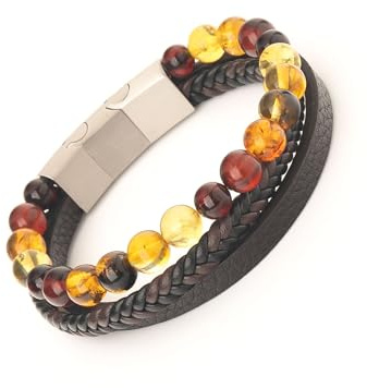 Handgjort armband-naturlig bärnsten och läder-magnetisk silverfärgad stängning