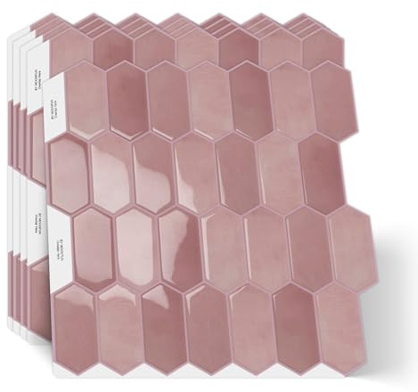 Pink Long Hexagon Peel and Stick on Wall Tiles Backsplash,3D Waterproof Self Adhesive Splashbac Peel and Stick Backsplash for Home Kitchen,Bathroom,Living Room(10 Sheets,30.5X 30.5cm)
