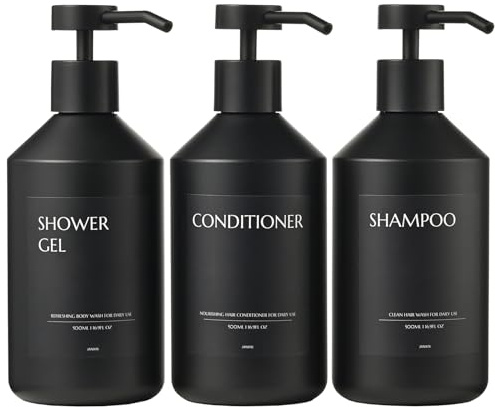 Janxin 3-pack svarta tvålpumpar 500 ml, påfyllningsbara flaskor för schampo och balsam, dispenser med pump i rostfritt stål och etiketter (svart flaska + svart lock)