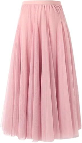 SANGTREE Women's Tulle Skirts Elastic High Waist A-Line Layered Tutu Mesh Flowy Skirt Ankle Length, 2#Pink, X-Large