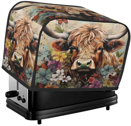 Mexpekil Highland Cow Graffiti Floral Western Farm Toaster Cover 2 Slice Bread Maker Cover Waterproof Kitchen Small Appliance Dust-Proof Covers Toaster Oven Protection, Women Gift