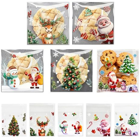 100 bolsas celofán de Navidad, bolsas celofan transparente | autoadhesivas,bolsas para chuches para galletas de Navidad,dulces,cumpleaños,envoltorios de regalo (10x10cm/3,94x3,94in)