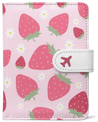 Passport Holder, Travel Wallet Cover with Pen Loop | Cute RFID Blocking Leather Case with Magnetic Closure for Travel Essentials-Strawberry
