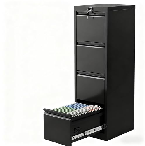 4 Drawer Metal File Cabinet with Lock, Wide Office Steel Filing Cabinet, Mobile Storage Organizer for Letter Legal Files, Home Office School Tool Storage Cabinet, Black