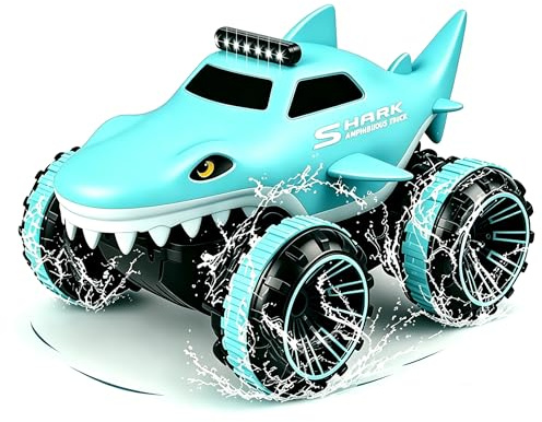 Carga directa Coche teledirigido con luz LED, vehículo anfibio estilo tiburón para tierra y agua, 2.4GHZ vehículo anfibio RC resistente al agua con volteretas de 360°, 15 km/h, fácil manejo para niños
