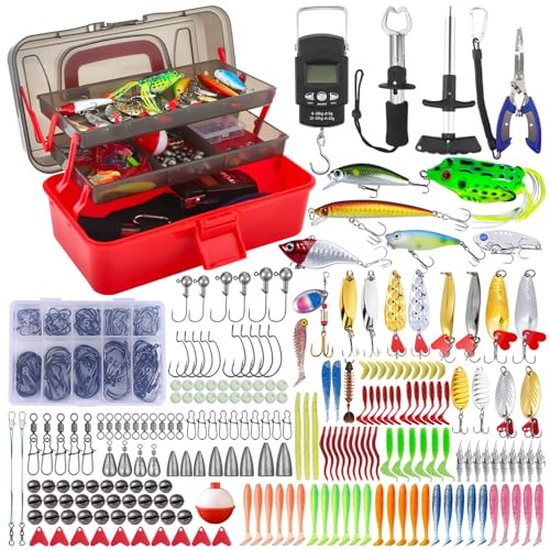 Set di 314 accessori da pesca con scatola per esca, set di esche da pesca e set di attrezzi con clip per labbra, rimuovi ganci, frecce per cucchiai, spinner, jigs, attrezzatura da pesca per bambini
