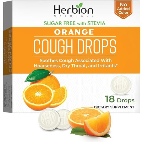 Herbion Naturals Sugar-Free Cough Drops with Natural Orange Flavor, Soothes Sore Throat, for Adults, Children 6 and Above, 18Cts