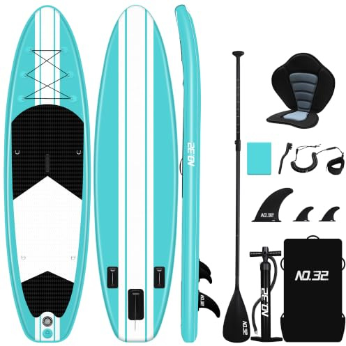 NO.32 Inflatable Stand Up Paddle Board 10'6 x 33 x 6, Military Grade Dual Layer PVC iSUP with Kayak Seat, Non-Slip Deck, 450lbs Capacity for 3, Adults Youth Beginners Travel Lakes Rivers Ocean